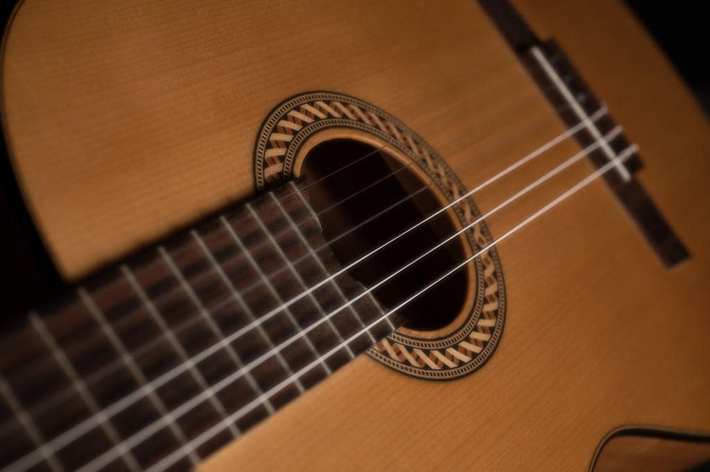 Detailed close-up of a classic acoustic guitar highlighting the strings and soundhole design.